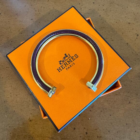 Hermes Gold Burgundy Leather Bangle Cuff Bracelet - Picture 1 of 10
